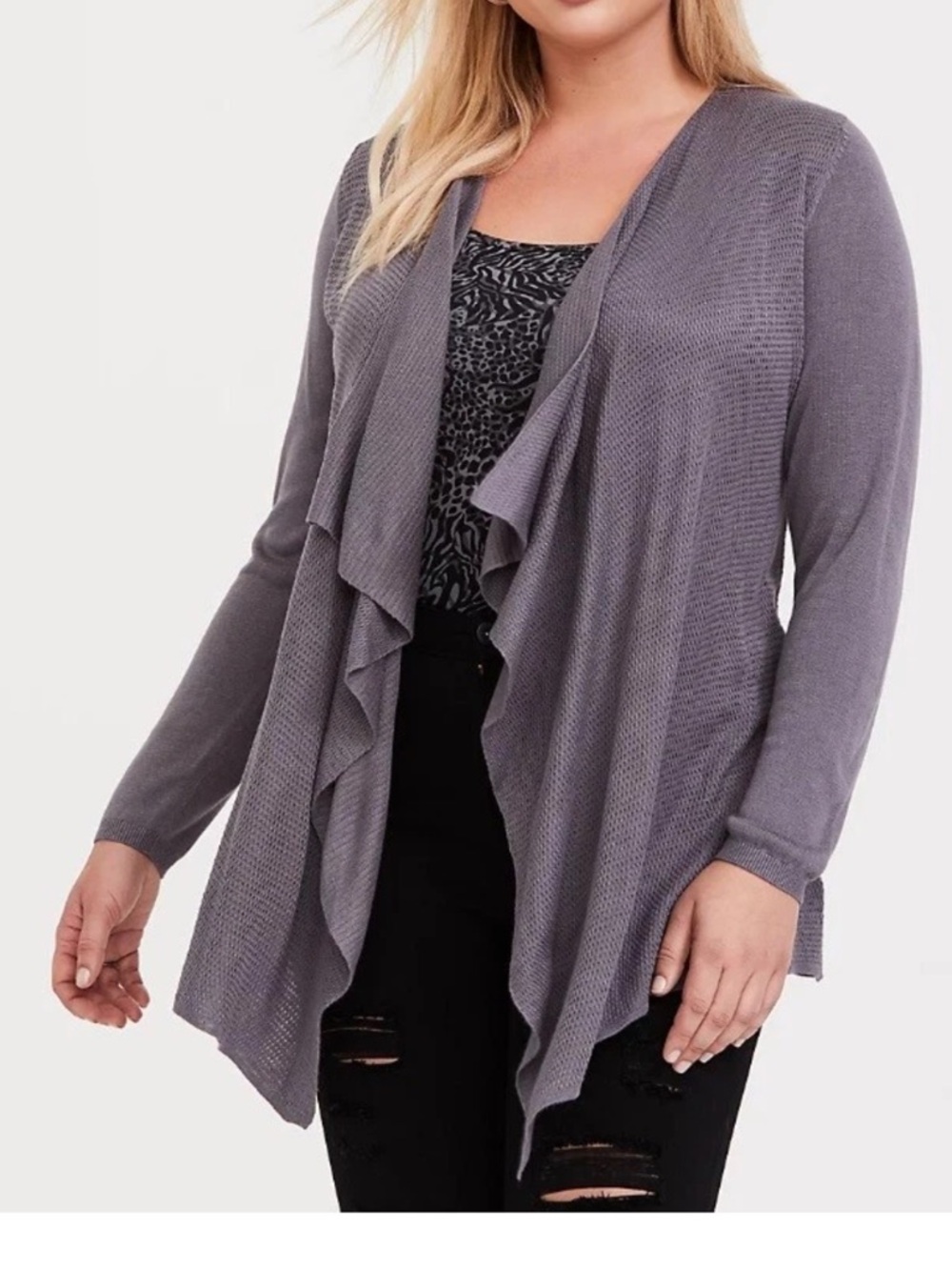 Torrid Grey Ribbed Drape Front Mixed Stitch Cardigan Sweater NWT